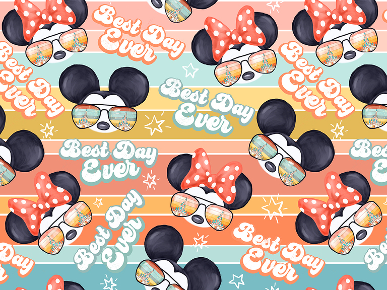 Retro Vintage Sunset Mickey Castle Disney Best Day Ever Seamless Pattern