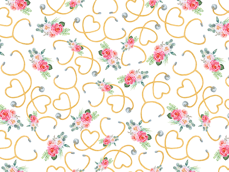 Nurse Life Stethoscope Gold Floral Flowers Peony Rose Seamless Digital Pattern Download