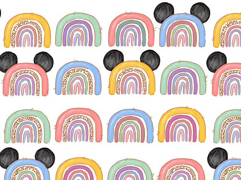 Disney Painbow Mickey Ears Leopard Cheetah Pastel Hand Drawn Doodle Seamless Pattern