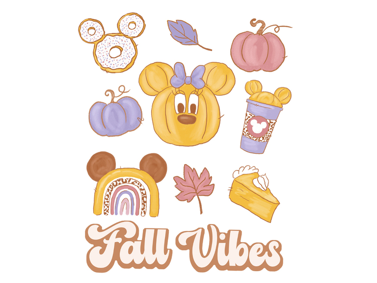 Fall Vibes Disney Mickey Pumpkin Minnie Coffee Pastel Print Printable Digital Download Sublimation