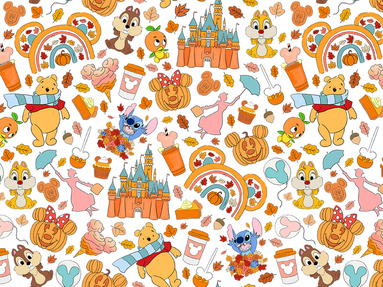 Disney Vinnie Pooh Mickey Minnie Chip Dail Pie Stitch Fall Coffee Pumpkin Castle Seamless Digital Pattern Download Paper
