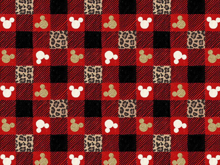 Christmas Winter Disney Buffalo Red Plaid Cheetah Mickey Gold Seamless Pattern