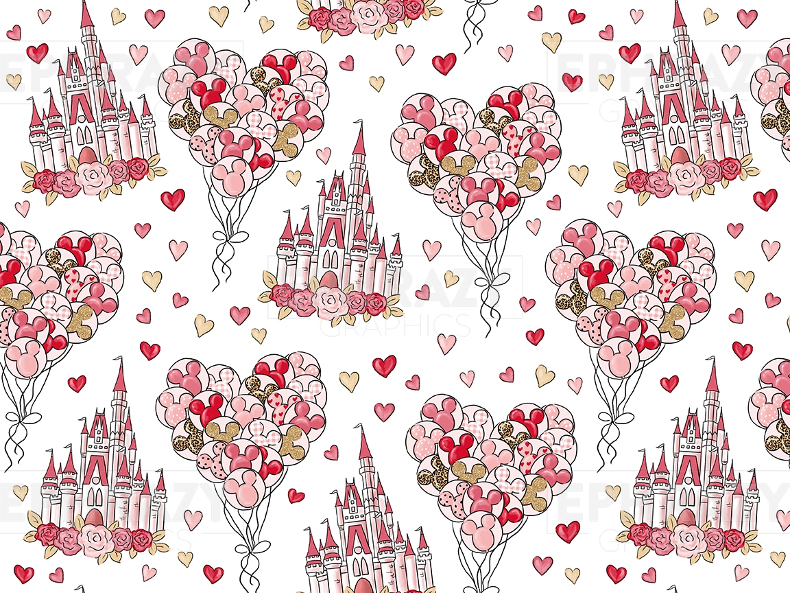 Disney Castle Valentine Day Heart Seamless Pattern
