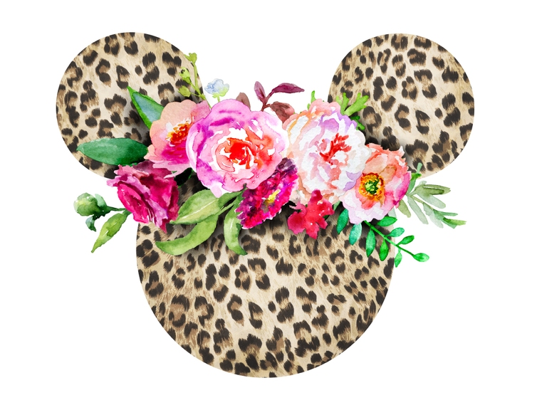 Disney Leopard Jungle Mickey Minnie Head Ears Floral Cheetah Digital Sublimation Clipart Print