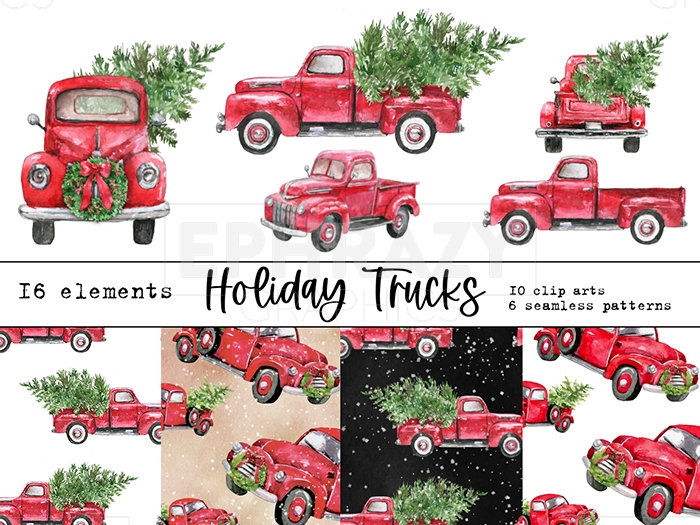 Holiday Christmas Red Truck Watercolor Clip art Seamless Pattern Bundle