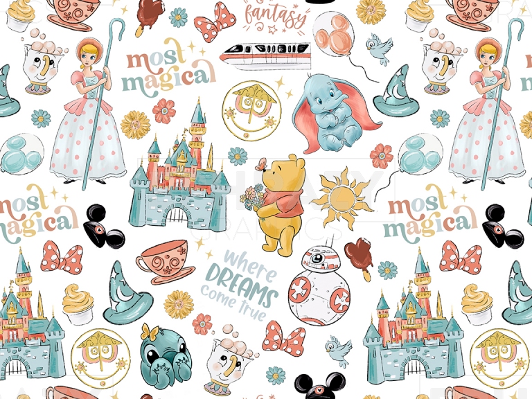 Retro Disney Spring Castle Boo Peep Stitch Pooh Floral Star Wars Minnie Ears Seamless Pattern