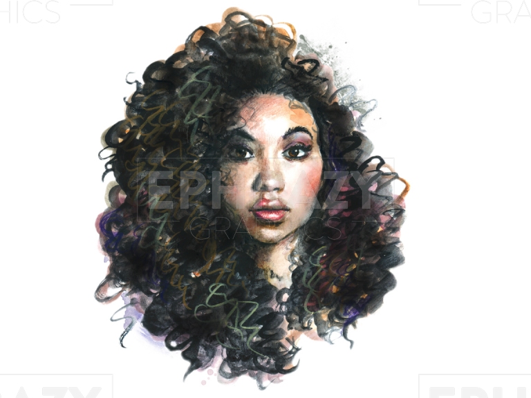 Afro Black Woman Curly Hair Watercolor Clip Art