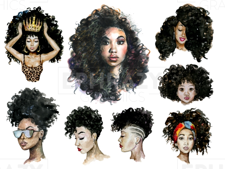 Afro Black Girl Watercolor Clip Art Bundle