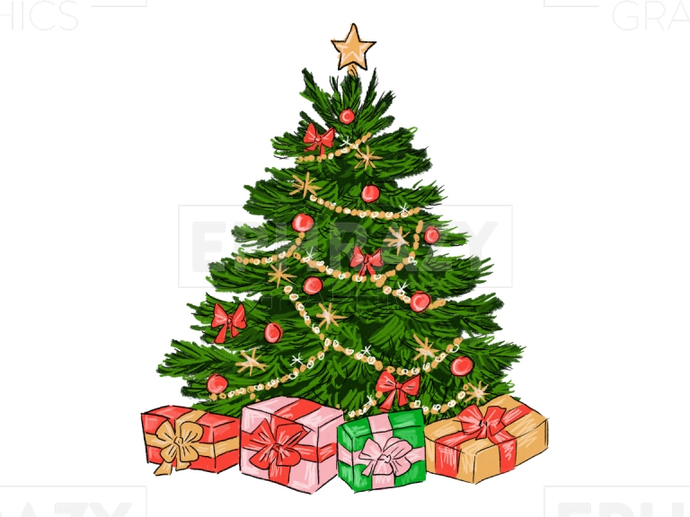 Christmas Tree With Gifts Hand Drawn Clip Art