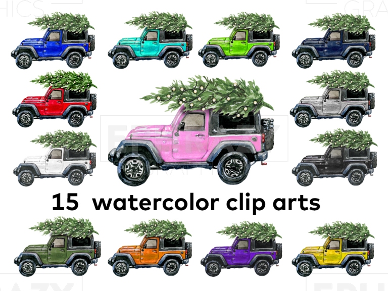 Holiday Christmas Jeep Watercolor Clip art Bundle