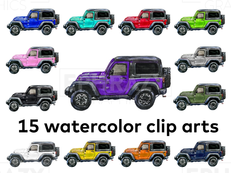 Holiday Jeep Watercolor Clip art Bundle