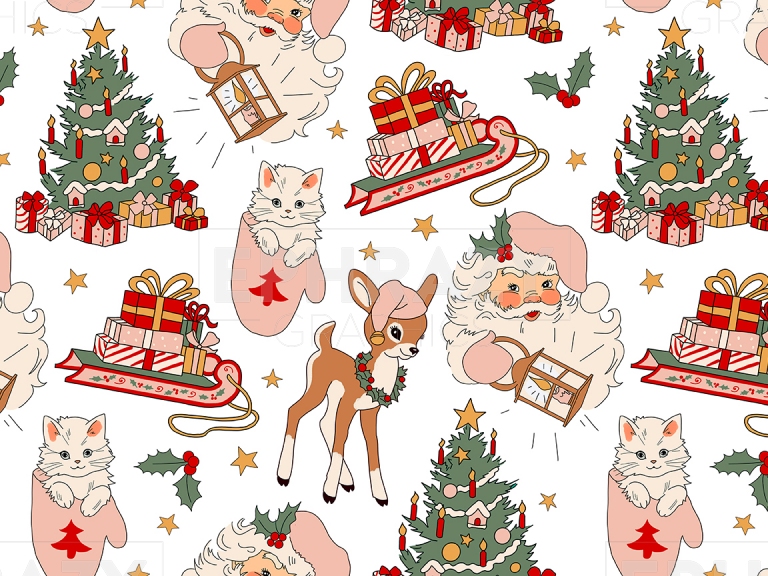Christmas Vintage Retro Santa Pink Reindeer Seamless Digital Pattern