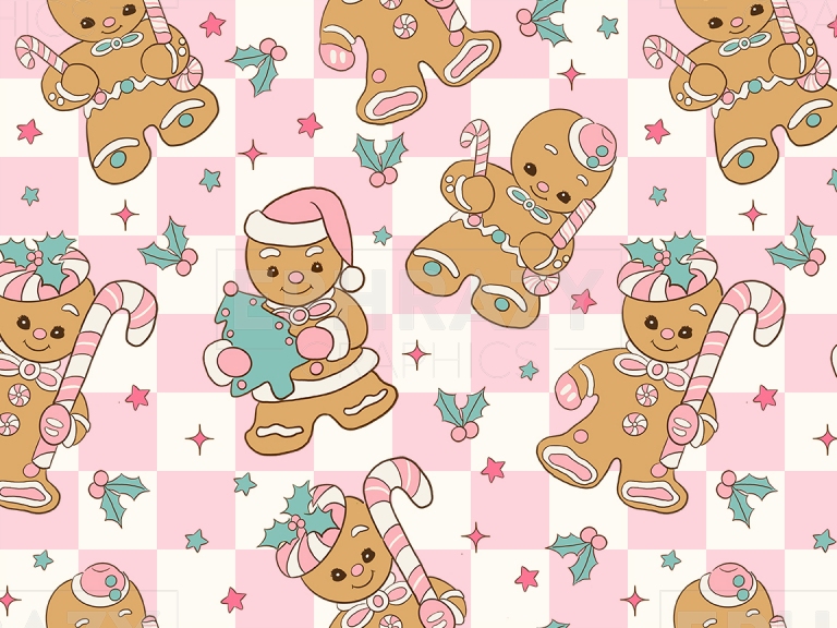 Christmas Pink Gingerbread Man Check Vintage Seamless Digital Pattern