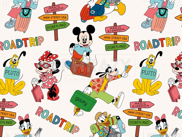 Disney Travel Roadtrip Mickey Daisy Minnie Donald Digital Summer Seamless Pattern