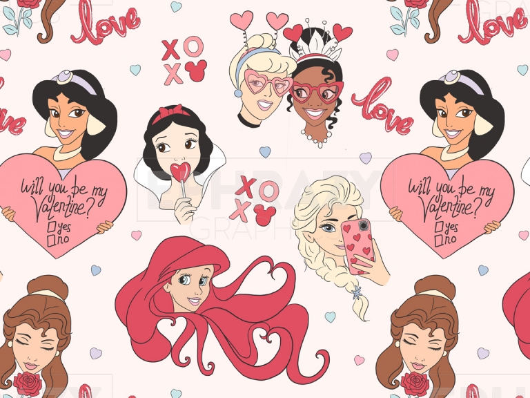 Disney Princess Valentine's Day Ariel Tiana Elsa Cinderella Belle Digital Seamless Pattern