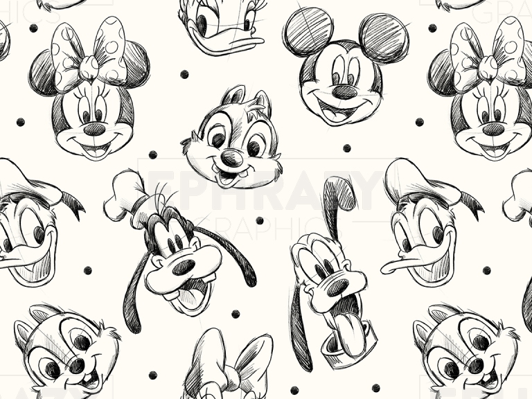 Sketch Disney Characters Mickey Minnie Neutral Seamless Digital Pattern