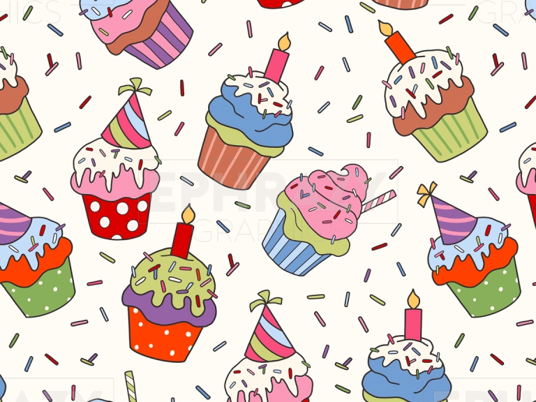 Cupcake Happy Birthday Kids Baby Seamless Digital Pattern