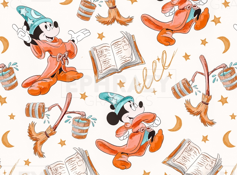Mickey Wizard Sorcerer Magical Disney Seamless Pattern Light Colors