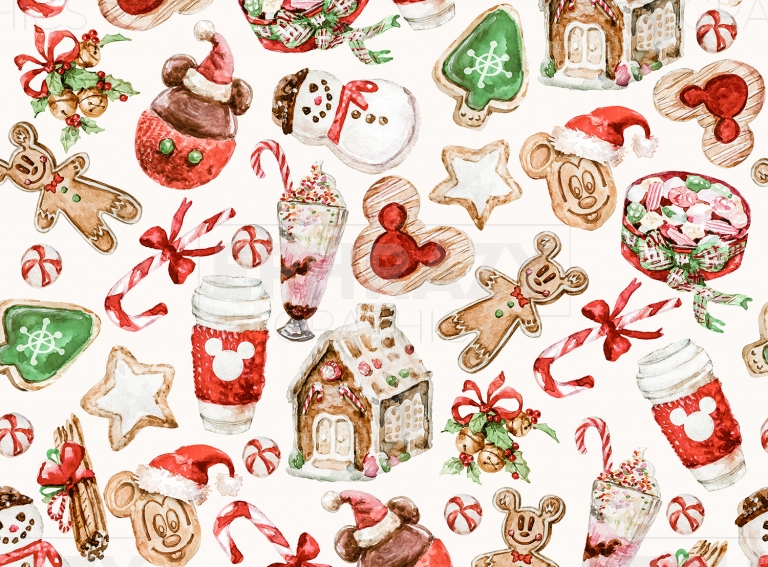 Disney Christmas Snacks Watercolor Mickey Gingerman Gingerhouse Digital Pattern