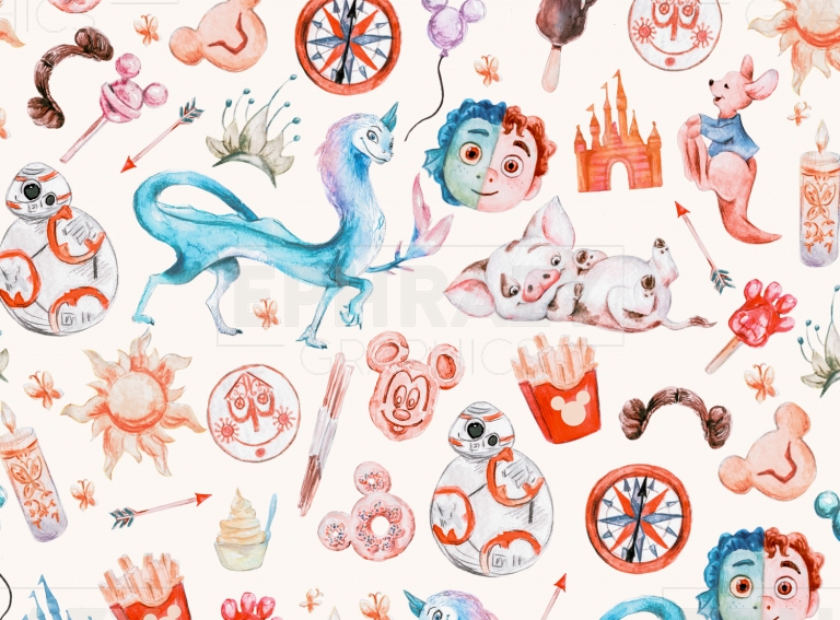 Disney Watercolor Characters Snacks Star Moana Wars Encanto Digital Pattern