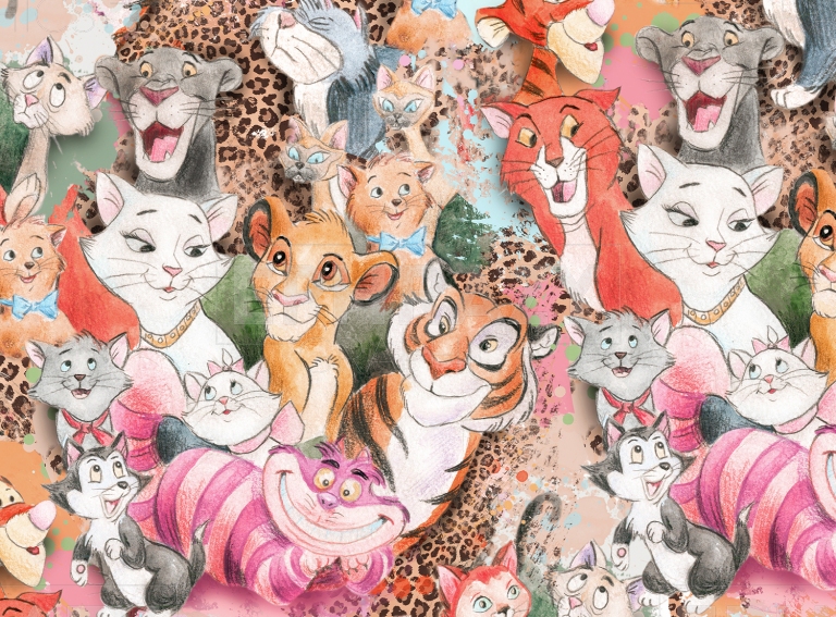 Disney Watercolor Cats Digital Seamless Pattern Pastel Colors