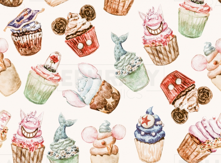 Disney Cupcake Watercolor Happy Birthday Mickey Seamless Pattern Neutral Colors