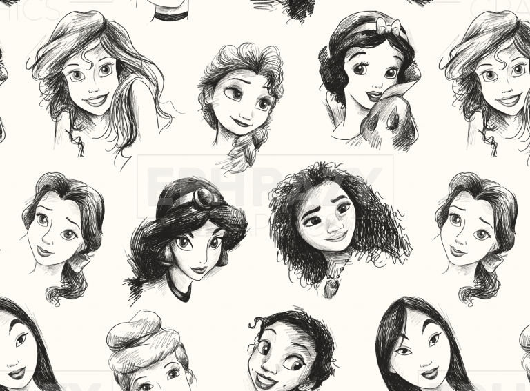 Disney Princess Moana Cinderella Ariel Tiana Elsa Cinderella Belle Sketch Digital Seamless Pattern