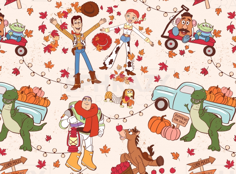 Disney Fall Toy Story Autumn Woody Jessie Buzz Lightyear Digital Seamless Pattern