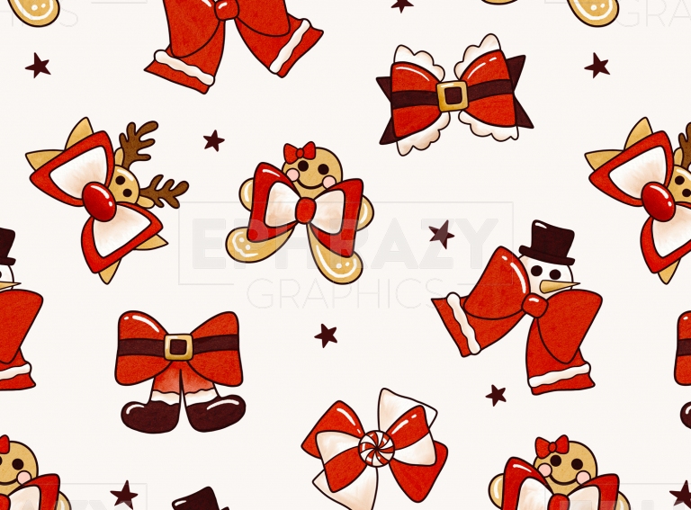 Christmas Bows Santa Claus Gingerman Candy Cane Beige Watercolor Digital Pattern