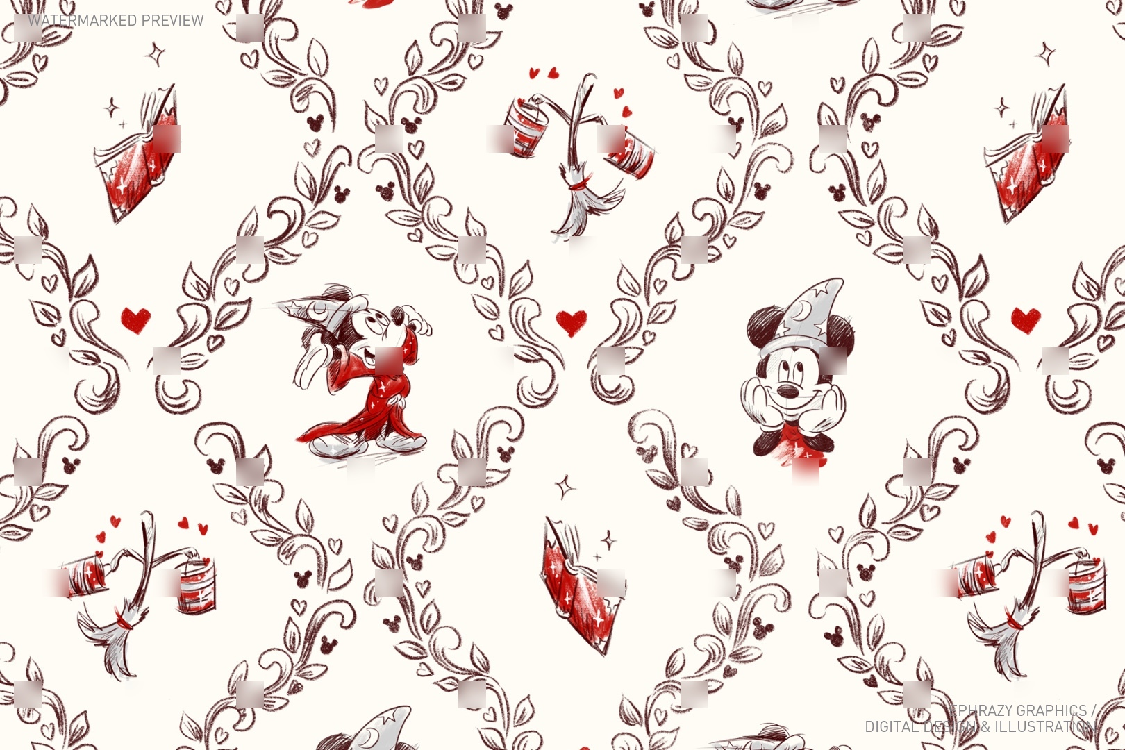 Sorcerer Mickey Valentine's Day — Damask & Hearts Seamless Patterns ...